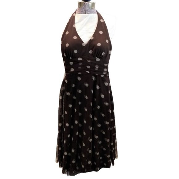 Eliza J Vintage Brown/White Polka Dot  Flowy Halter Dress, size 6 - Picture 1 of 6